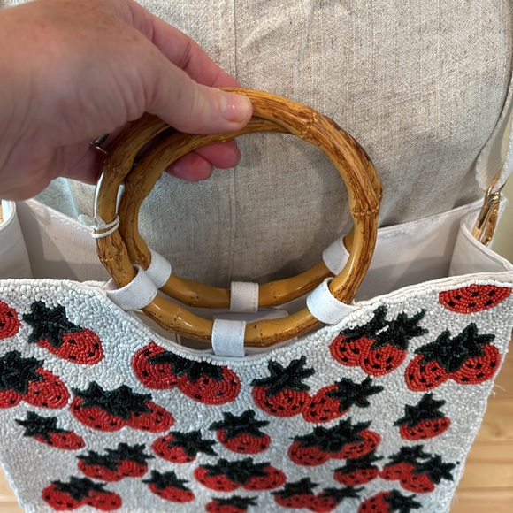 Sol and Mer Handbags - Sol and Mer beaded White and Red strawberry Embroidered Tote crossbody Bag
